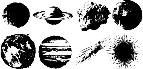 Space illustration featuring various planets like Jupiter and Saturn with asteroids and comets. Vector set of celestial objects in a grunge style.