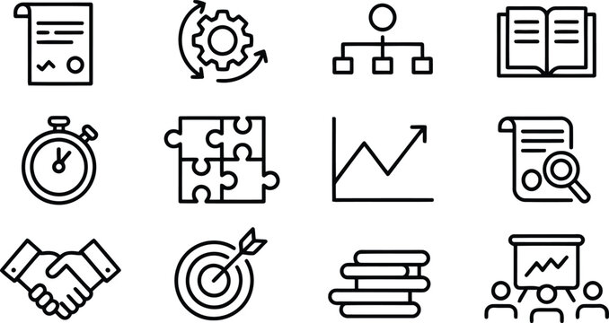 A collection of twelve black line icons representing various business strategies and operational processes