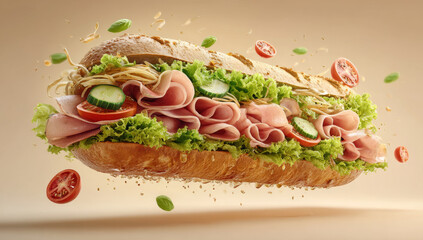 Delicious Ham Sandwich with Fresh Vegetables and Herbs.