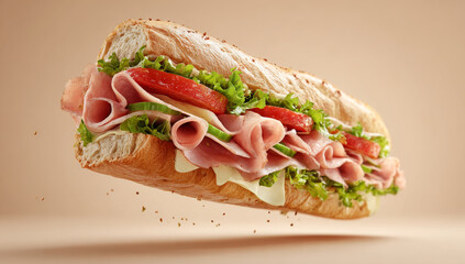 Delicious Ham Sandwich with Fresh Vegetables on Baguette.
