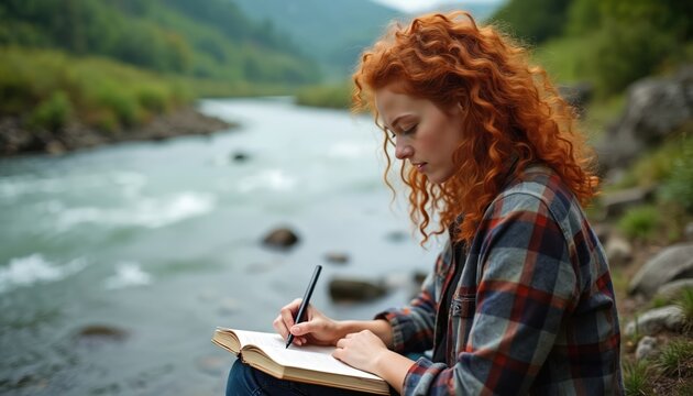 Young woman with red hair writes in journal beside river. Writer wearing plaid shirt in nature. Lady contemplates thoughts enjoying solitude. She is relaxing and seeking inspiration on a peaceful day.