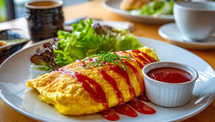 Delicious Omelette with Ketchup and Fresh Salad on Plate.
