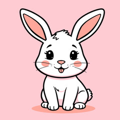 Fototapeta premium Cute white bunny rabbit with pink background, adorable cartoon illustration of a fluffy bunny, perfect for Easter and children's themes