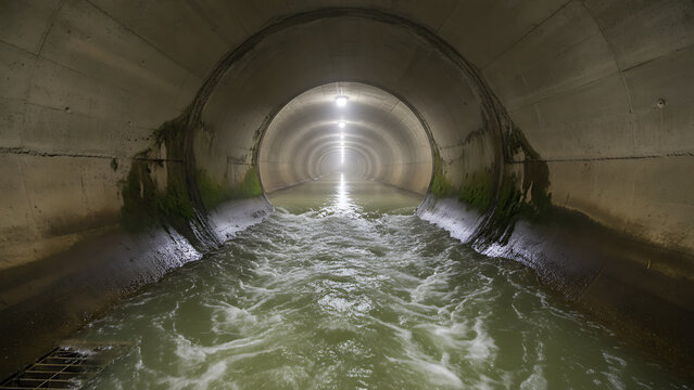 Sewer pipe with water flow symbolizing drainage and sanitation 69734267 1