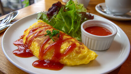 Delicious Omelette with Ketchup and Salad on White Plate.