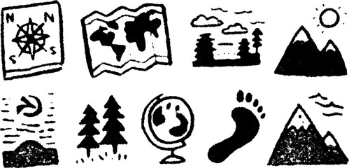 Map and globe illustrations with mountains and trees in a simple black and white style. Vector set for outdoor adventure themes.