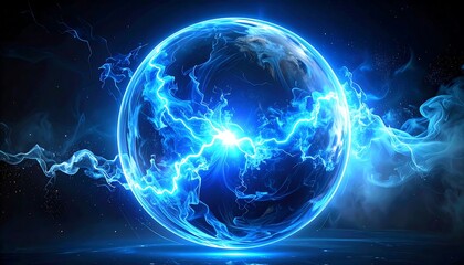 Luminescent blue orb with lightning strikes and smoky tendrils floats against a dark backdrop with scattered starlight