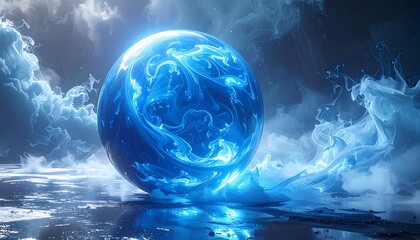 Luminescent blue sphere sits on reflective surface, surrounded by swirling, smoke-like formations in atmospheric scene
