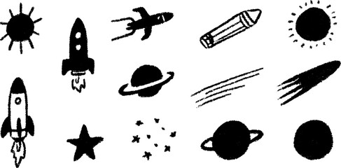 Rocket, sun, and planets in black and white. Simple vector illustration set of space-themed icons.