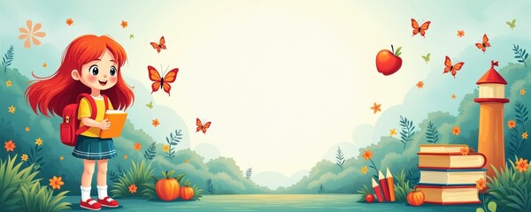 Schoolgirl with book, backpack goes to study. Cartoon design for back to school banner with education elements apple, books, pencils, flowers. Children illustration wallpaper for kids creative