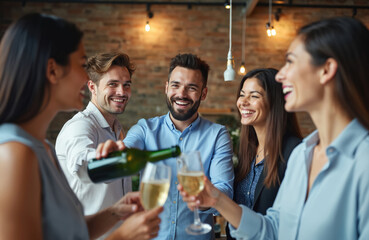 Diverse group of smiling young professionals celebrating with champagne in modern office space. Men, women share drinks, toast, enjoying company in festive atmosphere after work hours during company