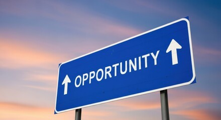 Obraz premium A blue opportunity sign pointing upwards against a colorful sky