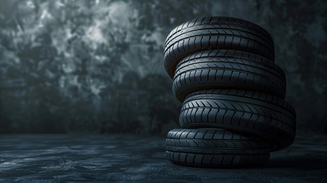 Stack of five new black tires for cars and trucks against a dark industrial background with moody lighting for automotive concepts