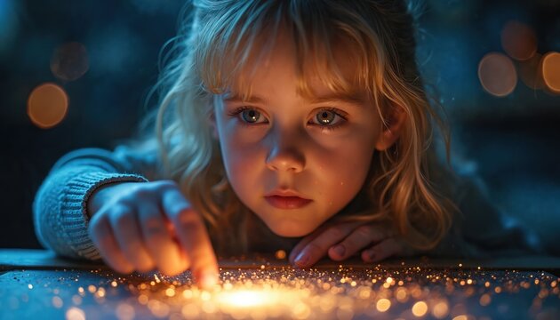 Young girl intently studies sparkling lights on surface. She touches glowing particles with her finger, filled with wonder and curiosity in a dimly lit space.