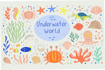 Hand drawn underwater world illustration with sea creatures and plants