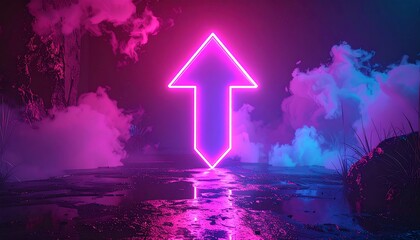 Luminous arrow points up amidst swirling, foggy, and otherworldly landscape bathed in vibrant pink and blue neon light