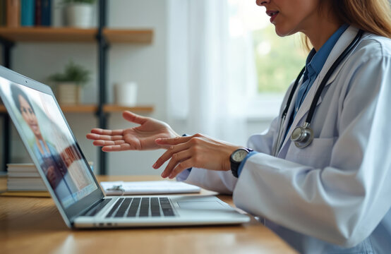 Female doctor consults patient online via laptop in office. Physician talks explaining treatment plan. Telemedicine consultation is a modern medical service in healthcare.