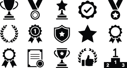 A diverse collection of fifteen black silhouette icons depicting various awards, recognition, and triumphant accomplishments