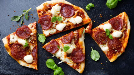 hunger. Flat lay of a freshly made pepperoni pizza with melted cheese, presented on a clean background. representing modern convenience.