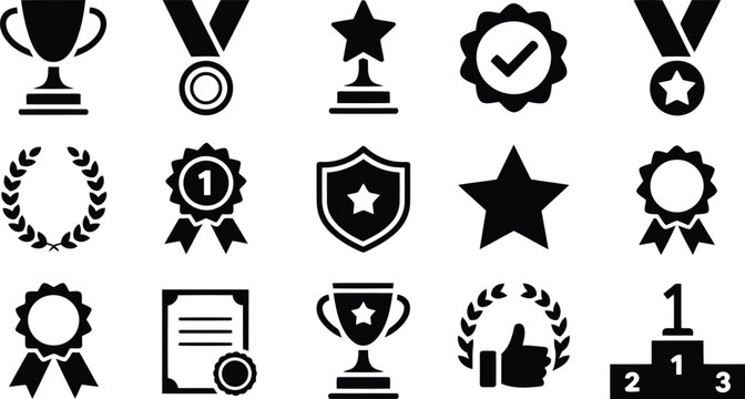 A diverse collection of fifteen black silhouette icons depicting various awards, recognition, and triumphant accomplishments