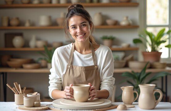 Smiling woman holding ceramic mug in pottery studio. Female entrepreneur wearing apron working on pottery wheel. Woman standing at table with pottery tools and ceramic products.