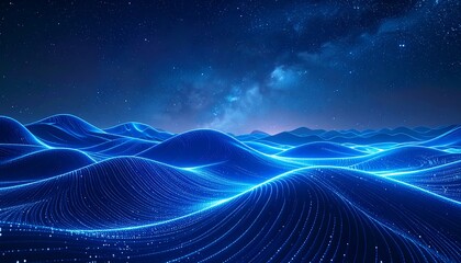 Luminous blue data waves undulate under a starry night sky