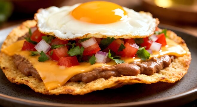 Huevos Rancheros tostadas with fried egg, tomato salsa, bean paste and cheese. Mexican food