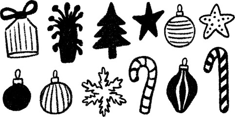 Fototapeta premium Christmas ornament set including a tree, star, and candy cane. Simple black vector illustration for festive decoration or design use.