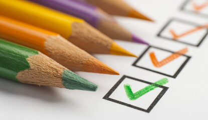 Colorful Pencils and Checkmarks on Paper - A Visual Checklist.