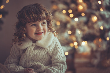 Hübsches kleines Mädchen mit Locken sitzt vor einem Weihnachtsbaum lächend mit Weihnachtsdeko...