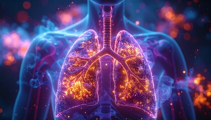 Luminous blue human torso with glowing pink and orange lungs with bright spots, smoke-like effects, on dark blue background