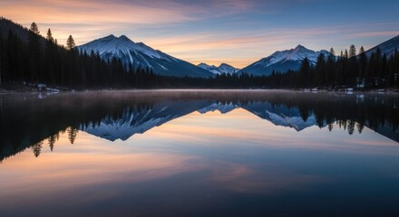 Fototapeta premium Serene mountain lake reflection at sunrise painting a tranquil landscape with peace