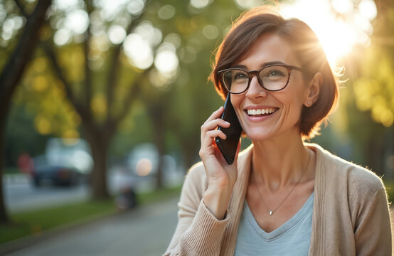 Smiling middle aged woman talks on smartphone. She wears glasses casual clothes. Happy female holds phone outside on sunny day. Mature person chats on mobile device.