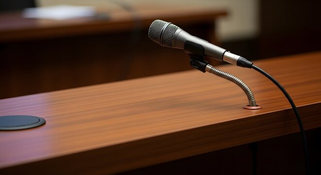 Closeup of a microphone on a wooden podium in a conference room