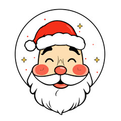 A cheerful cartoon depiction of Santa Claus's face, featuring rosy cheeks, a bright red nose and hat, and twinkling stars around a white circular background over a transparent background.