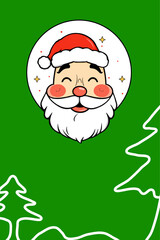 A cartoon illustration of Santa Claus's face with a red hat and white beard, set against a white circle. The background is a solid green with stylized white Christmas tree outlines.