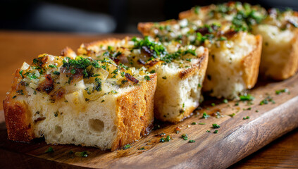 Delicious Garlic Bread Slices on Wooden Board Close-Up.