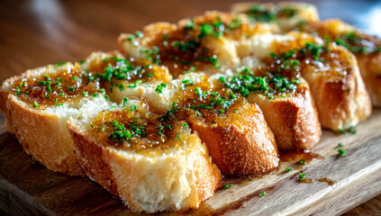 Delicious Bruschetta Topped with Fresh Herbs on Wooden Board.