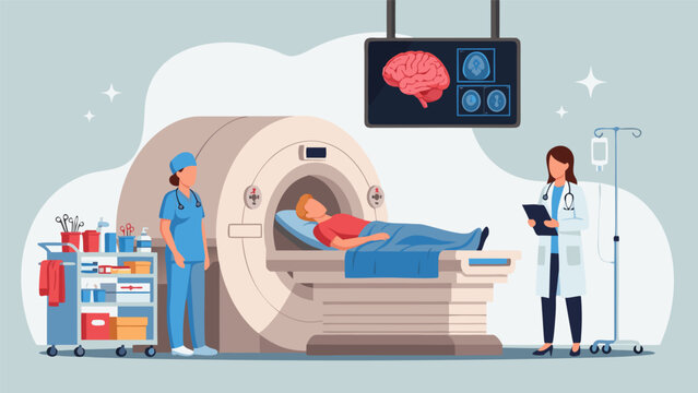 Patient undergoing magnetic resonance imaging of the brain in a hospital with a doctor and a nurse