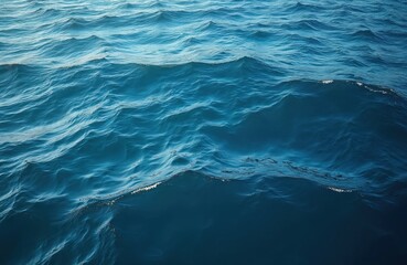 Fototapeta premium Blue ocean water waves create a textured surface. Reflecting light, the natural pattern shifts. Deep azure sea moves, forming gentle ripples on a calm sunny day.