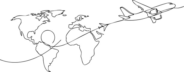 One continuous line illustration of airplane travel around the world representing global journeys