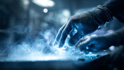 Close-up of a welders hands working with sparks and light.