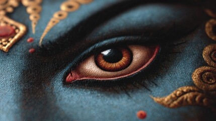 A captivating close up of a spiritual eye with blue skin and golden details