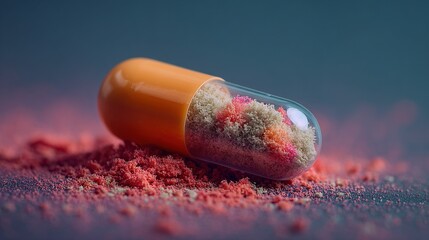 Close-up of a pharmaceutical capsule spilling colorful powder
