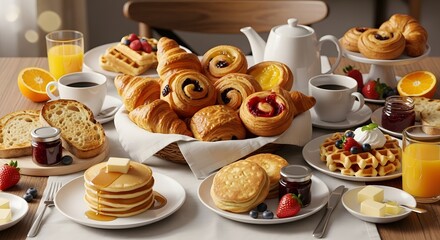 An abundant breakfast spread featuring pastries, waffles, and fresh fruit