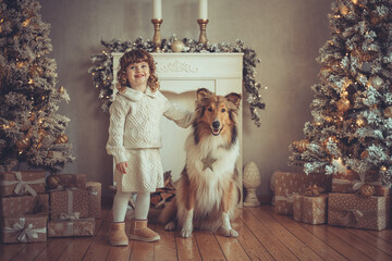 H&uuml;bsches kleines M&auml;dchen mit Locken steht mit ihrem rough Collie  sable vor dem Weihnachtsbaum zu Weihnachten, Abendstimmung mit Lichtern Var. 7