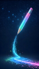 Glowing neon pencil drawing a vibrant cosmic trail across a starry night sky full hd 4k stock image download