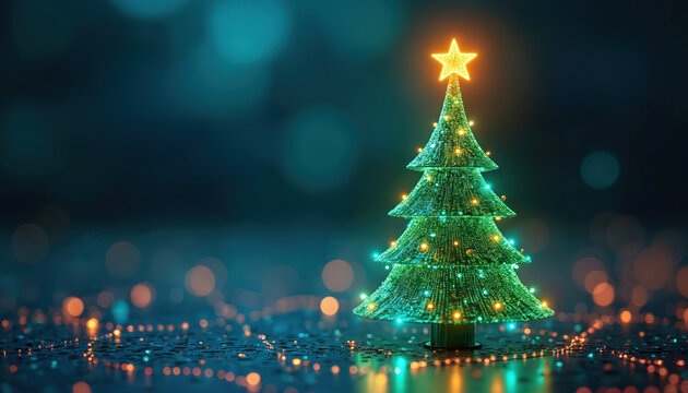 Digital Christmas tree glows with bright green lights. Golden star shines at top. Modern holiday decoration stands on dark, tech background with shimmering data lines. Festive season meets future