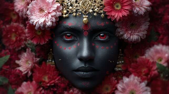 Portrait of a woman with black skin, red eyes, and a golden crown surrounded by vibrant flowers - Powered by Adobe