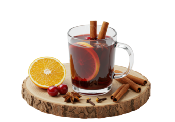 Pristine clear glass mug with steaming dark red mulled wine and cinnamon sticks, on a rustic wooden slice coaster with orange half-slice, cranberries, and star anise, against a minimalist white
